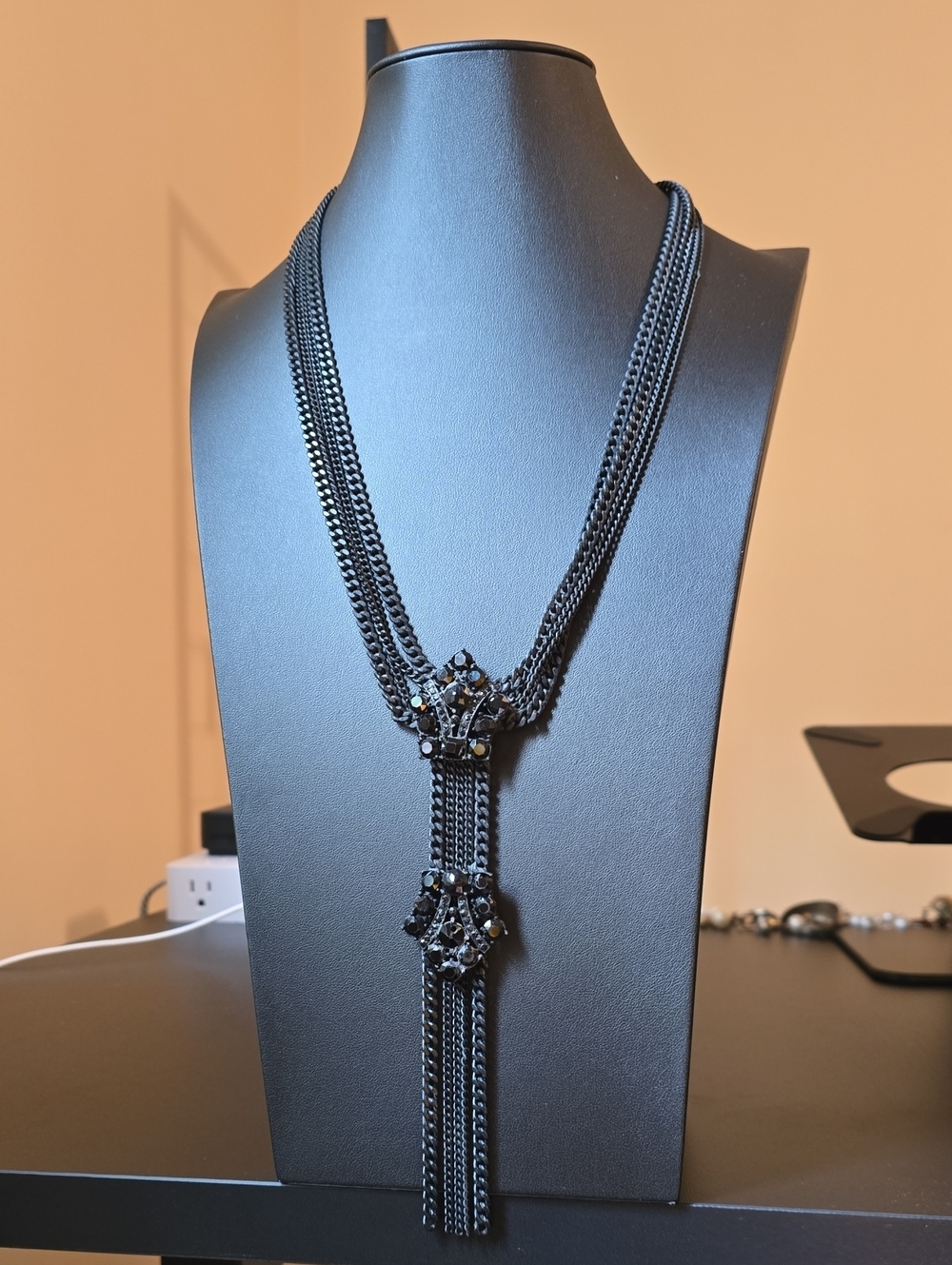 RAMY BROOK Black Multi-Strand Chain Lariat Tassel Necklace Crystal Sautoir